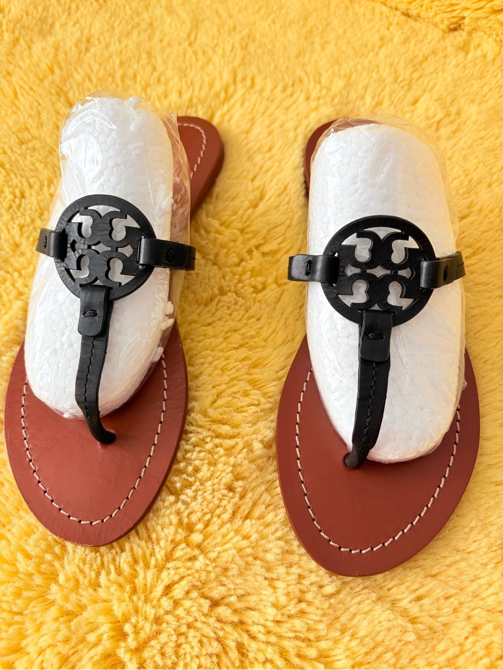 Tory Burch Black Logo Thong Sandals with Brown Footbed